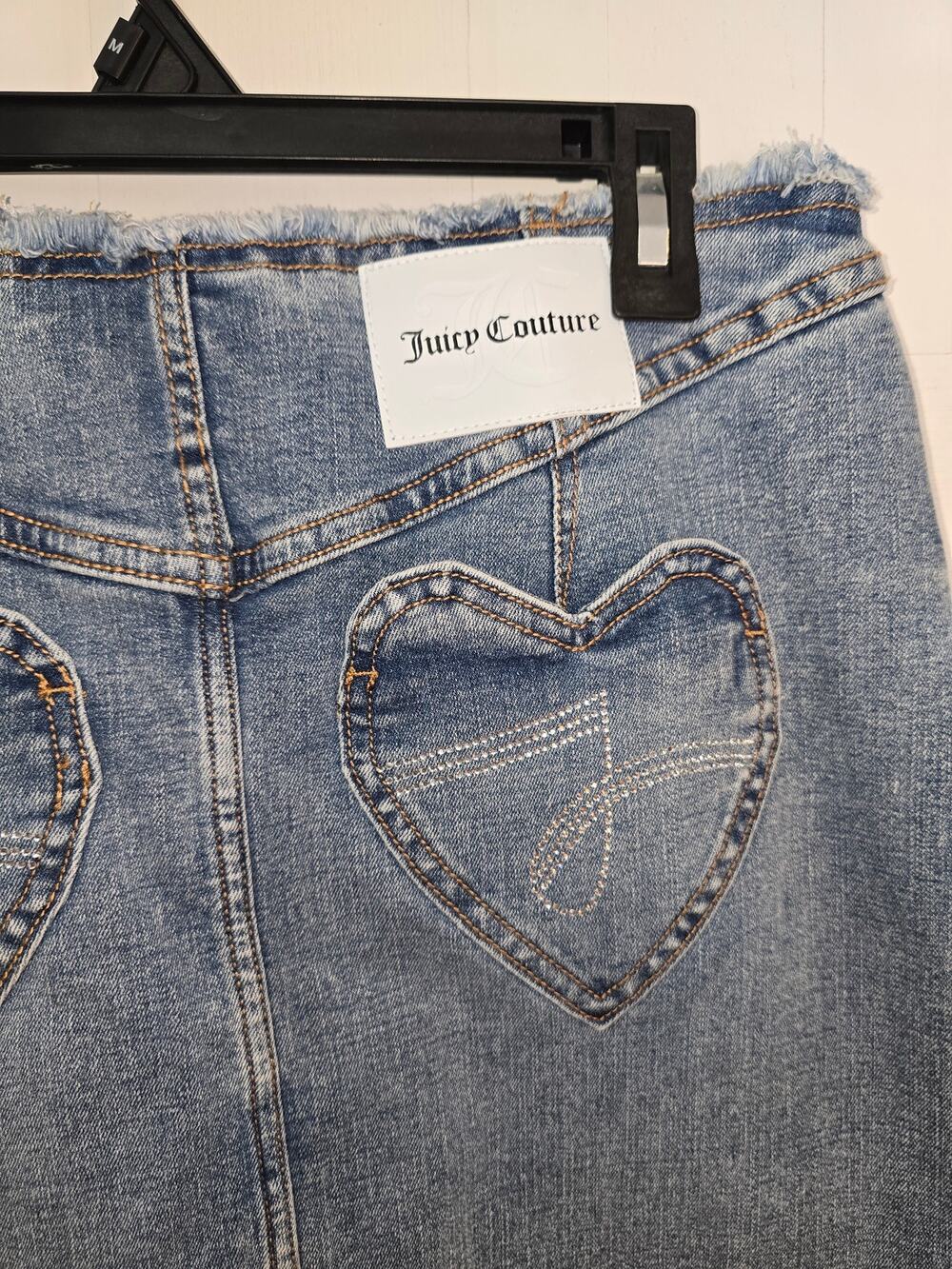 Juicy Couture Heart Pocket Midi Denim Skirt Medium Wash Low Rise Size 4